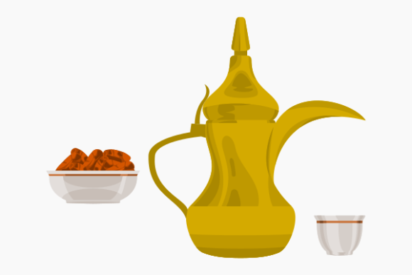 Bringing Arabian Hospitality to Life with Side View Arab Coffee and Date Fruits Illustrations